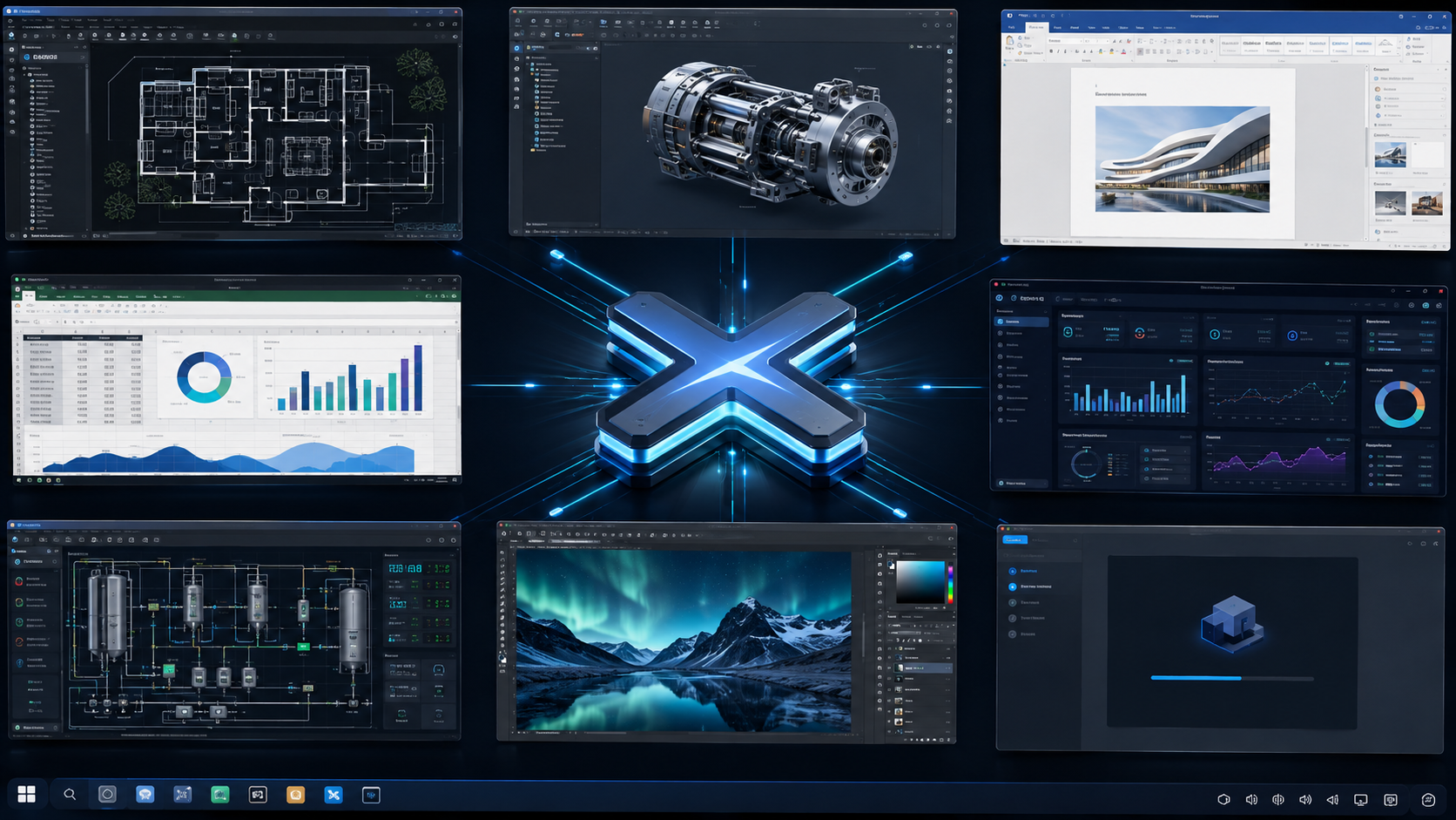 CAD、办公、表格、行业客户端和图像工具通过夏阡统一进入 Linux 桌面的场景示意